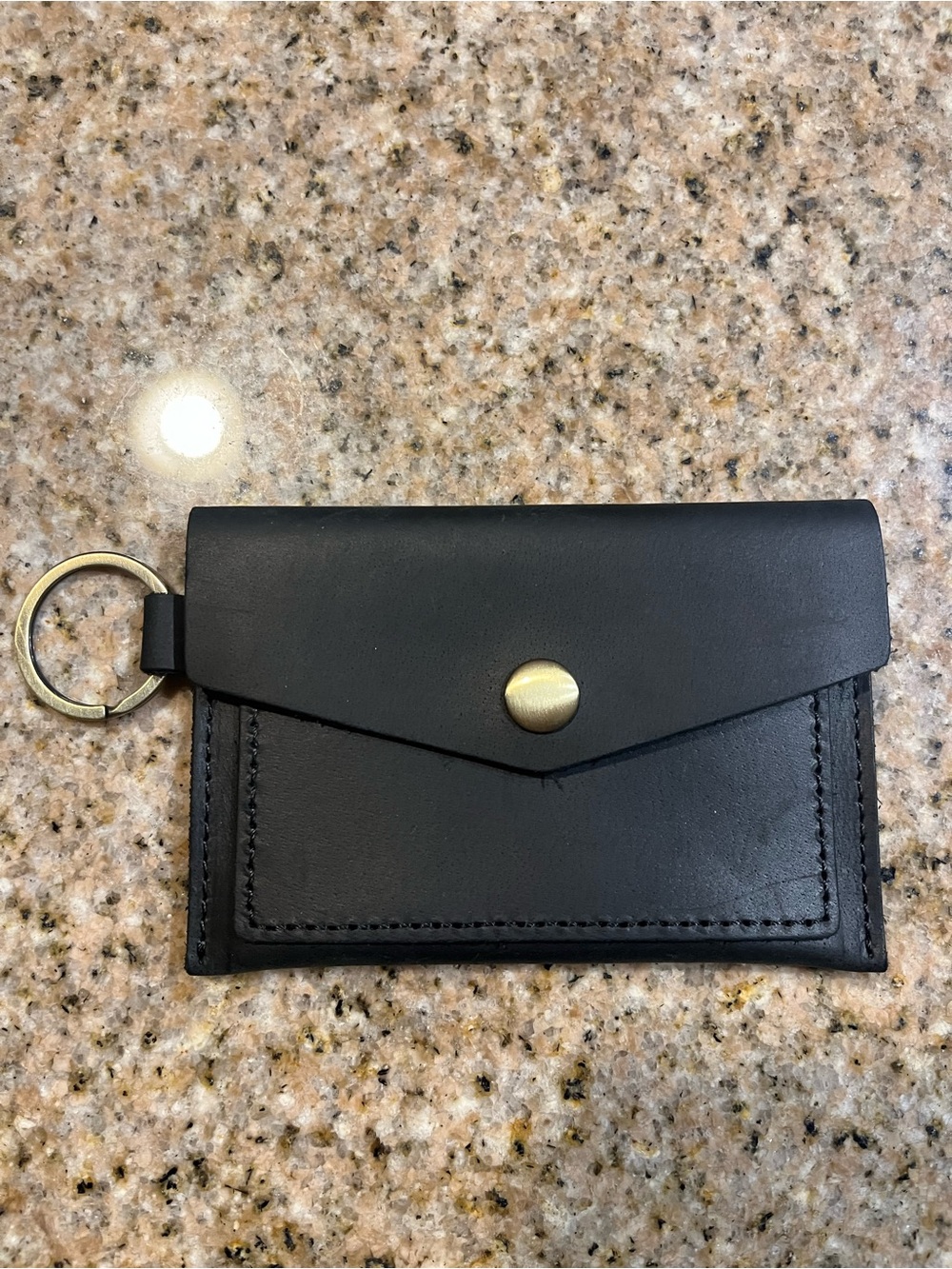 Genuine Leather Black Leather Card Holder Keychain with Brass Snap